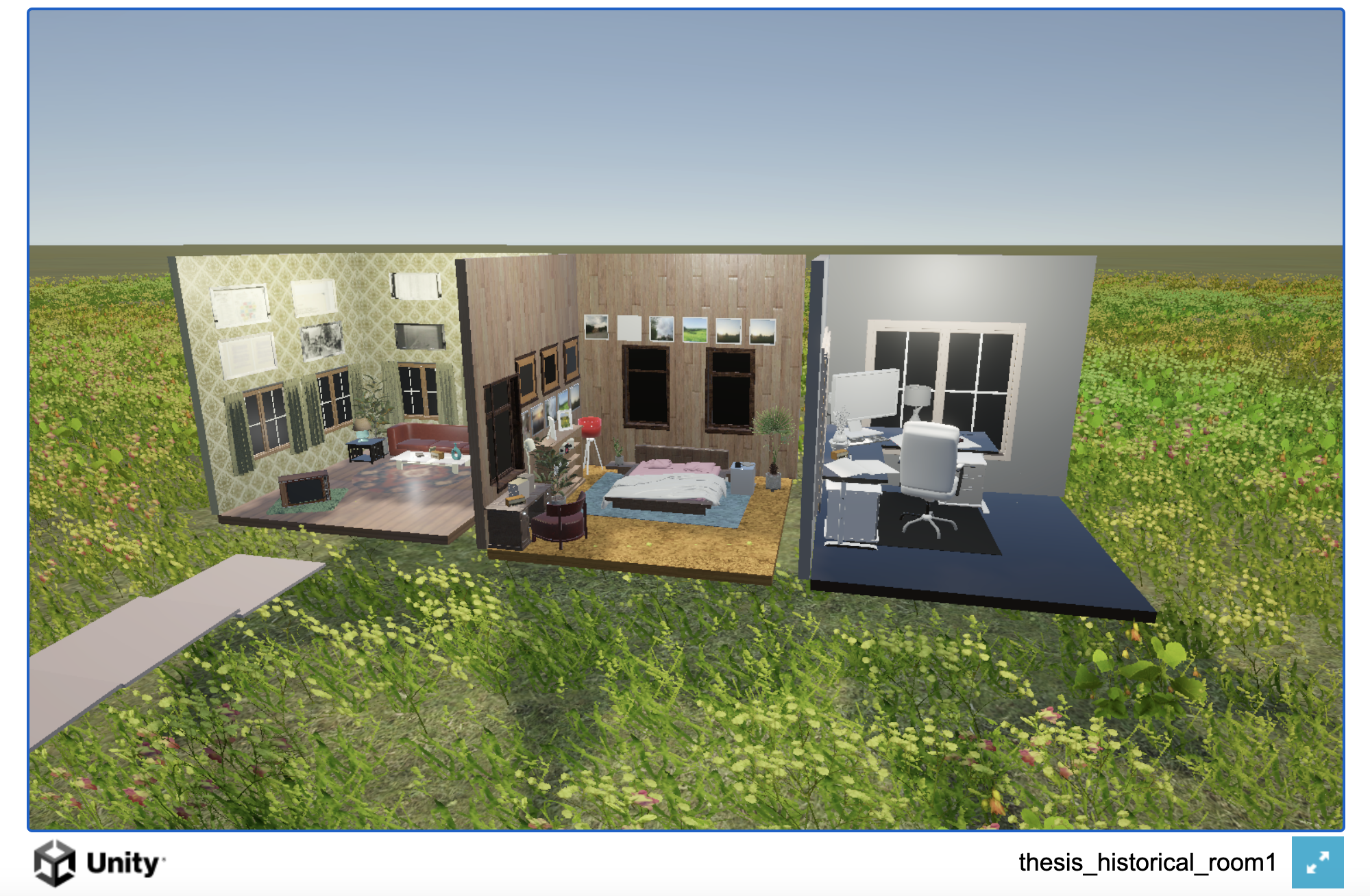 Unity scene — interior rooms in a field